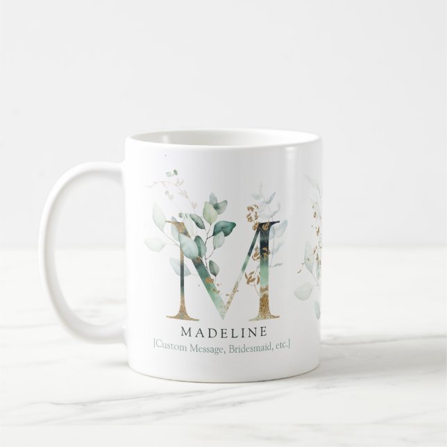 Caneca De Café Eucalyptus Dourado Monograma Inicial M Greenery Ch (Esquerda)