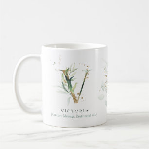 Caneca De Café Eucalyptus Dourado Monograma Inicial V Quic Verde