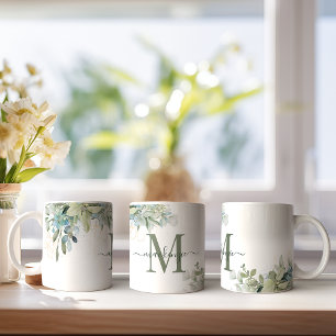Caneca De Café Eucalyptus Greenery Monograma Floral Moderno
