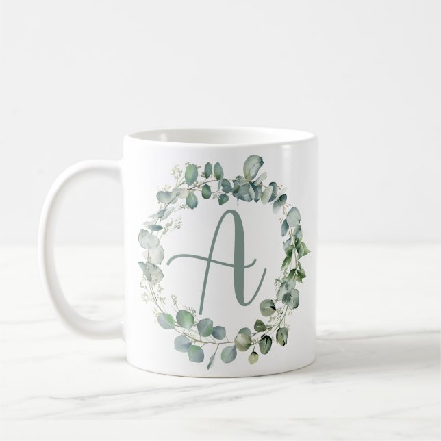 Caneca De Café Eucalyptus Wreath Typografia Monograma Inicial A (Esquerda)