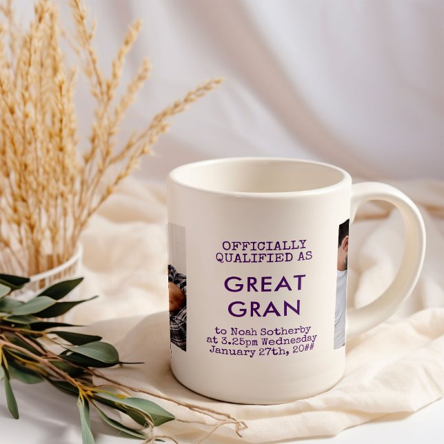 Caneca De Café Excelente Gran 2 Fotos personalizadas para bebês e (Great Gran baby birth announcement photo mug)