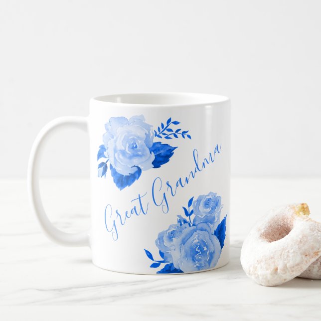 Caneca De Café Excelente Vovó Aquarela Azul Floral Rosa (Com Donut)