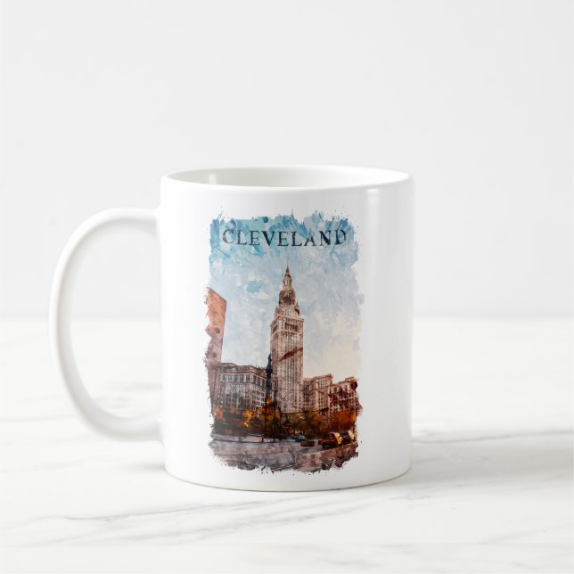 Caneca De Café Exibição de Cidade de Aquarela de Cleveland Ohio (Esquerda)