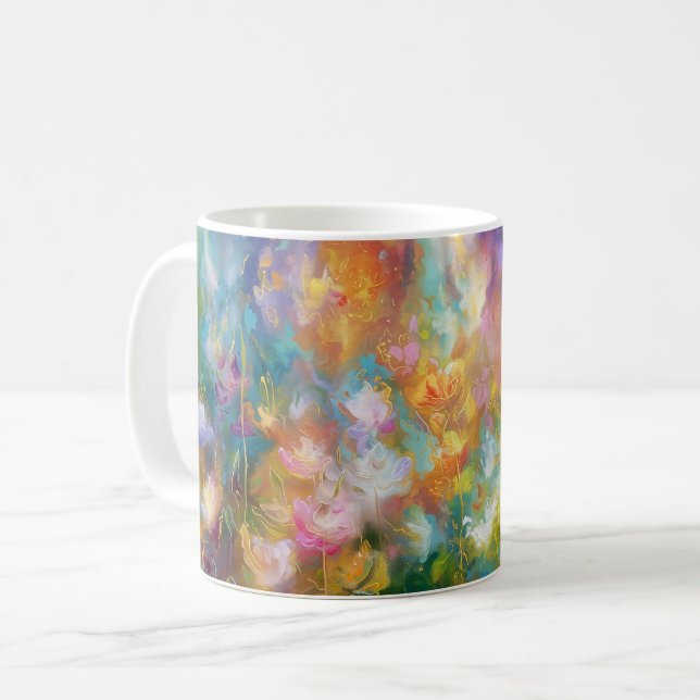 Caneca De Café Explosão floral cósmica abstrata em cores pastéis (Frente Esquerda)