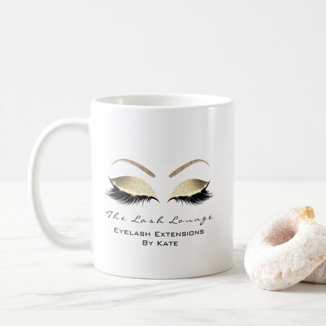 Caneca De Café Eyelash Extension Beauty Studio Dourado Glitter (Com Donut)