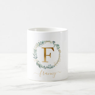Caneca De Café F monograma, coroa de folhas específicas do clien