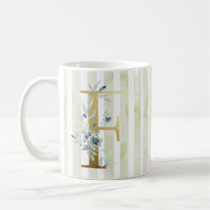 Caneca De Café F ouro inicial em faixas azuis e brancas