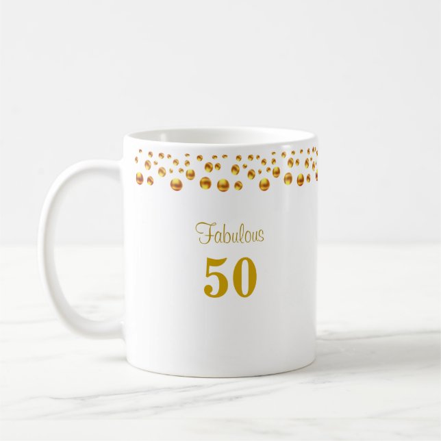 Caneca De Café Fabuloso 50 Aniversário e Ouro Confetti em Branco (Esquerda)