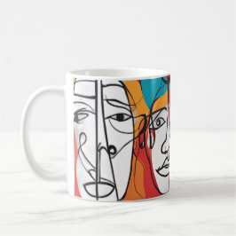 Caneca De Café Faces de Abstrato vibrantes - Arte de Linha Contem