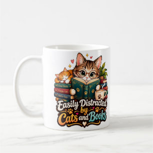 Caneca De Café Facilmente Distraído por Gatos e Livros Amante de