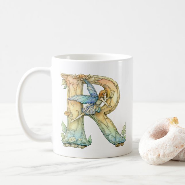 Caneca De Café Fada Arco-íris Inicial 'R' (Com Donut)