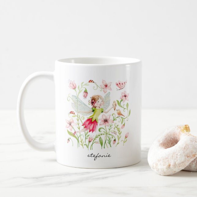 Caneca De Café Fada bonito de Aquarela e Floral Rosa (Com Donut)