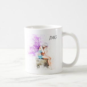 Caneca De Café Fada de Aquarela em Azul com Monograma
