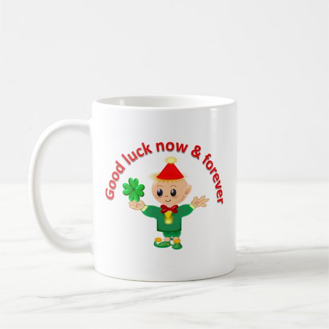 Caneca De Café Fada verde fofo segurando um trevo (Esquerda)