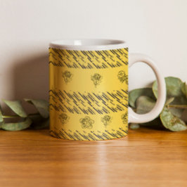 Caneca De Café faixa azul na moda e flores pretas em amarelo