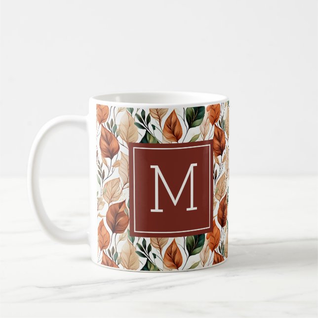 Caneca De Café Fall terra cotta e sage folhas padrão monograma (Esquerda)