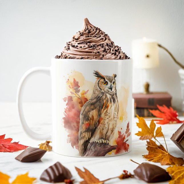 Caneca De Café Fall Vibes Watercolor Owl - (Criador carregado)