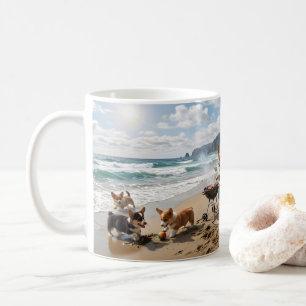 Caneca De Café Família Corgi na Praia