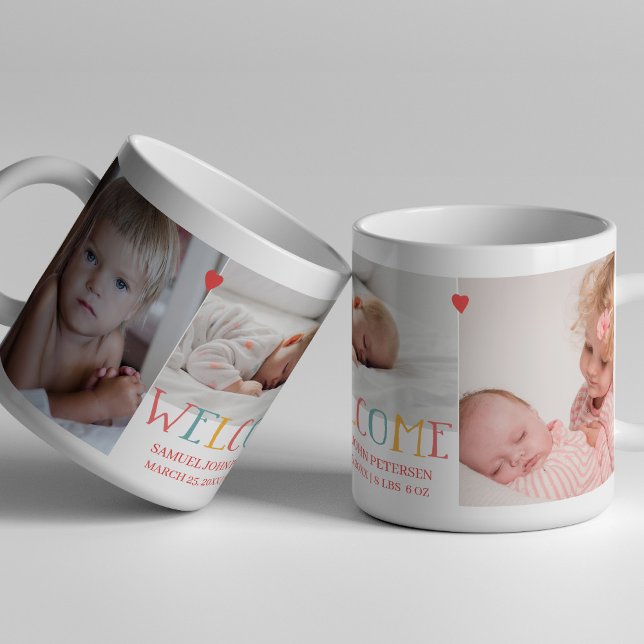 Caneca De Café Família de colagens fotográficas bem-vindos ao beb (Criador carregado)