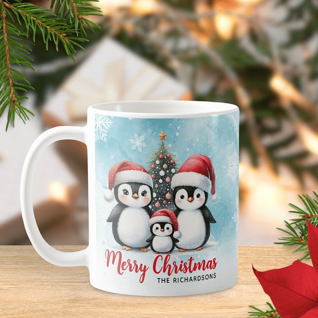 Caneca De Café Família Pinguim Gelada Azul Vermelho Feliz Natal (Criador carregado)