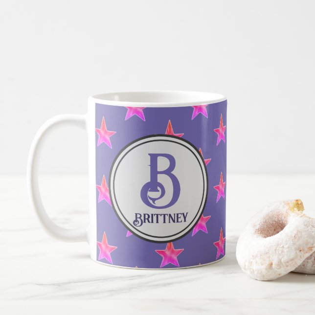 Caneca De Café Família Púrpura Rosa Nome Inicial Star Monograma (Com Donut)