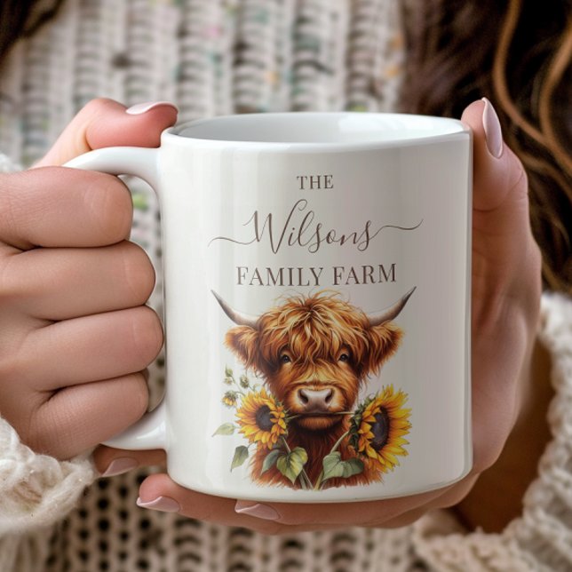 Caneca De Café Family Farm Rustic Sunflower Highland Cow (Criador carregado)