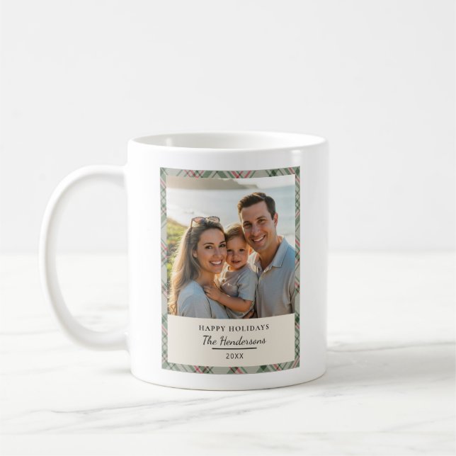 Caneca De Café Family Photo Christmas Plaid Sage Green Tartan (Esquerda)