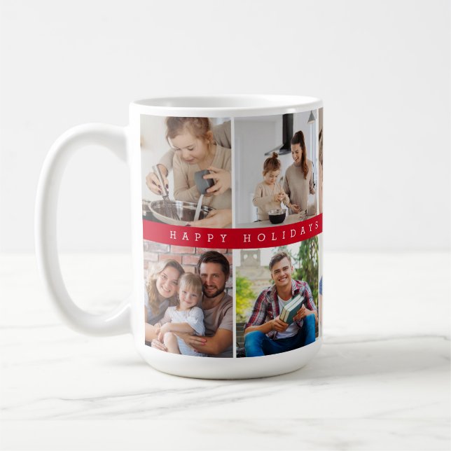 Caneca De Café Family Photo Grid Red Happy Holidays band Custom (Esquerda)