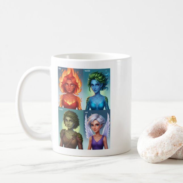 Caneca De Café Fantasia Elementar Retratos Fogo Água Terra Ar (Com Donut)