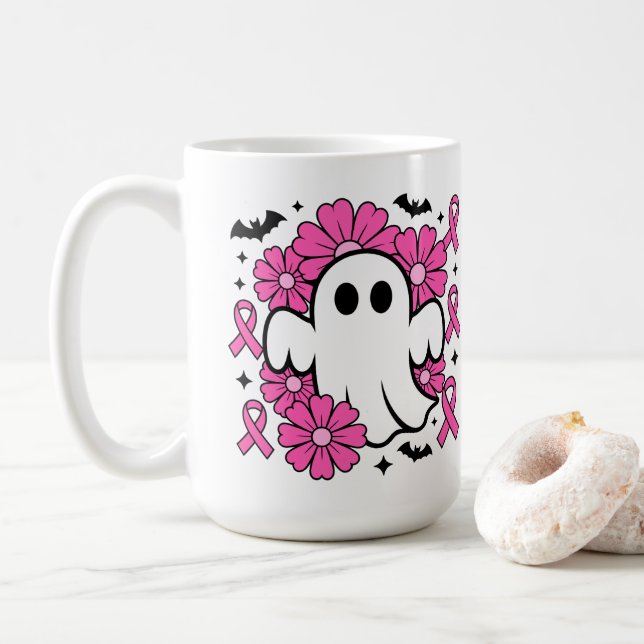 Caneca De Café Fantasma da Consciência do Cancer com Flores Rosa (Com Donut)