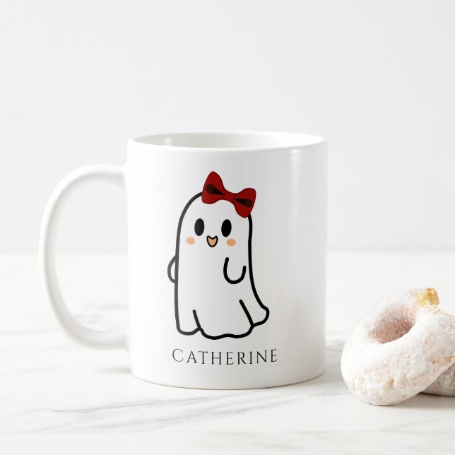 Caneca De Café Fantasma de Halloween com Laço Fofo (Com Donut)