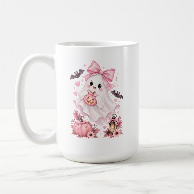 Caneca De Café Fantasma de Halloween com Laço Rosa Fofo (Esquerda)