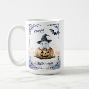 Caneca De Café Fantasma de Halloween em Aquarela Fofa em um Jack