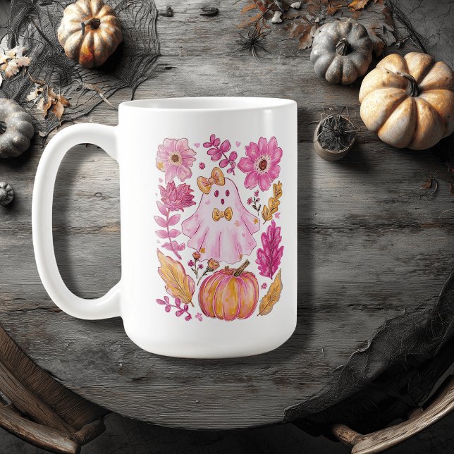 Caneca De Café Fantasma de Halloween Rosa Pastel (Criador carregado)