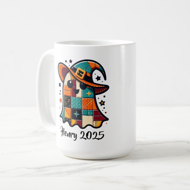 Caneca De Café Fantasma de Patchwork Fofo Personalizado de Hallow (Frente Esquerda)