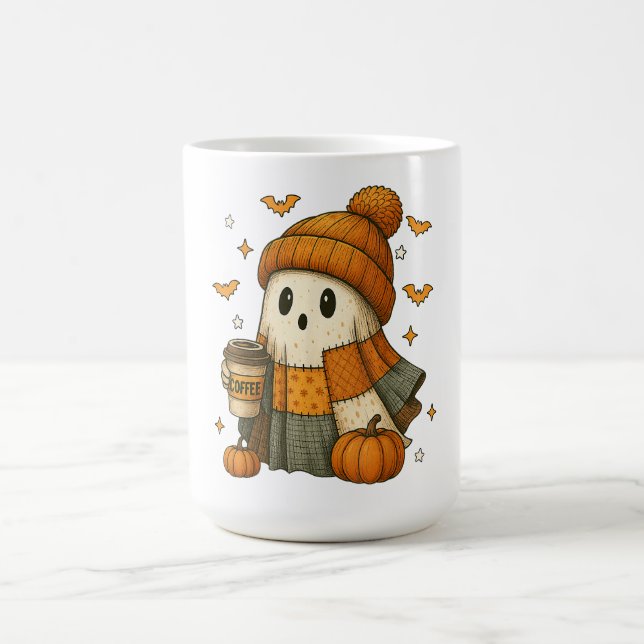 Caneca De Café Fantasma Fofo Bebendo Café Halloween  (Centro)