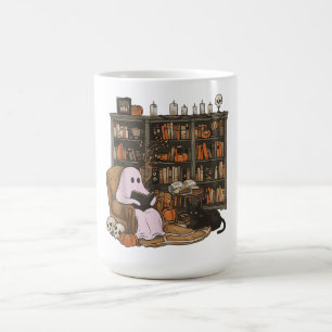 Caneca De Café Fantasma Leitor de Livros Amante de Gatos Hallowee