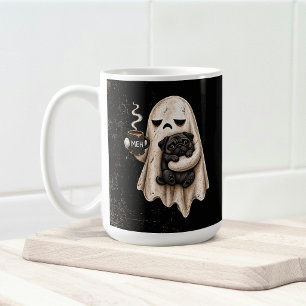 Caneca De Café Fantasma Mal-Humorado Segurando Cachorro Pug Preto