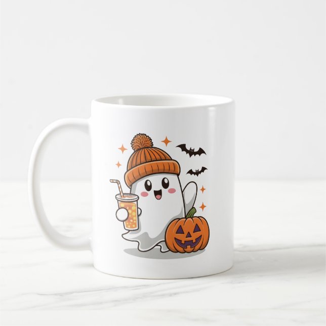 Caneca De Café Fantasma, Morcegos, Abóbora E Bebida, Feliz Hallow (Esquerda)
