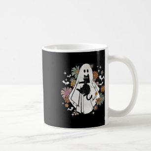 Caneca De Café Fantasma Segurando Gato Negro Groovy Floral Hallow