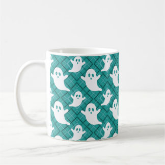 Caneca De Café Fantasmas de Halloween em Xadrez Turquesa