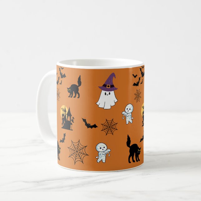 Caneca de Café Fantasmas Gatos Morcegos Halloween  (Frente Esquerda)