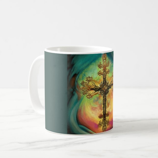 Caneca De Café Fantasy Steampunk Ornamentado Cross Em Aqua (Frente Esquerda)