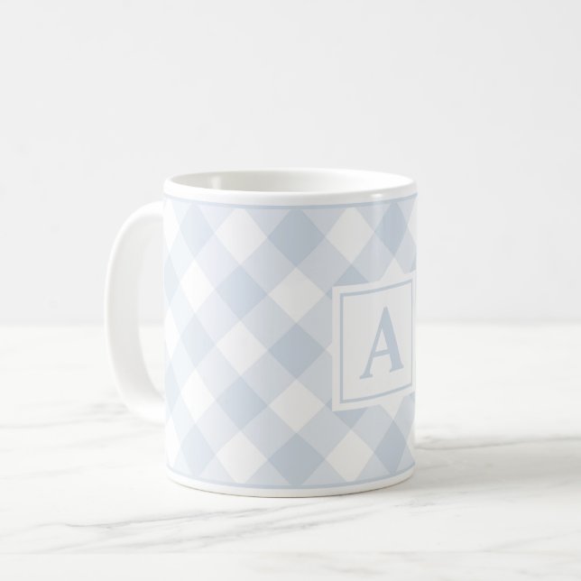 Caneca De Café Farmhouse Blue Buffalo Check Monogramas Xadrez (Frente Esquerda)