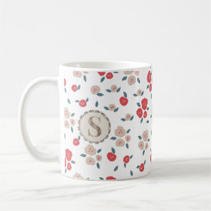 Caneca De Café Farmhouse Floral Vermelho, Monograma Russo do País