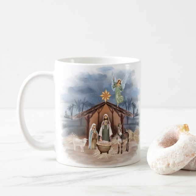 Caneca De Café Farmhouse Russo Natal Natividade Por Aquarela (Com Donut)
