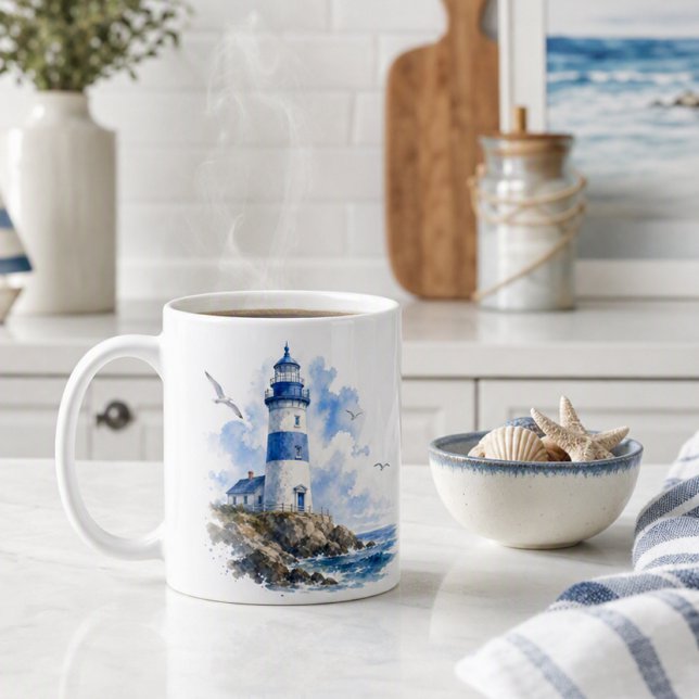 Caneca de Café Farol Azul e Branco Aquarela (Criador carregado)