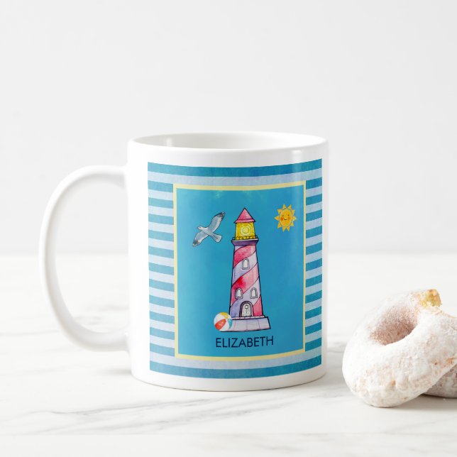 Caneca De Café Farol de Cores d'Água Striped Vermelha Personaliza (Com Donut)