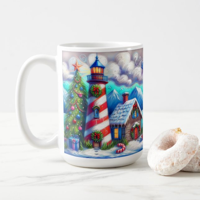 Caneca De Café Farol de Natal Montanha Costeira Náutica (Com Donut)