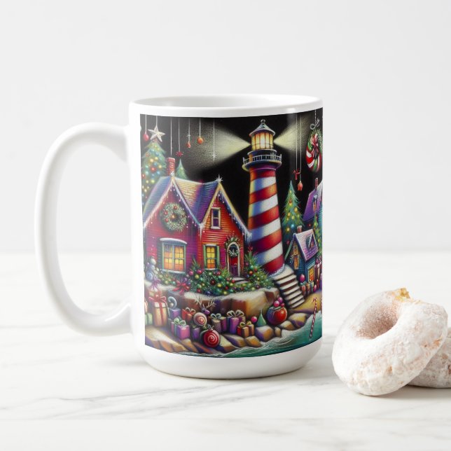Caneca De Café Farol de Natal Whimsical Vermelho Rosa Púrpura (Com Donut)